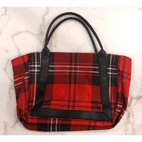 Victoria Secret Tote Bag Plaid Holiday Red Black Logo Everyday Casual 19x12x6 - Picture 2 of 9